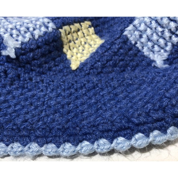 Handmade Blue Crochet Throw Blanket Afghan W/Diamond Shapes Around Edge 46X44 - Picture 5 of 5